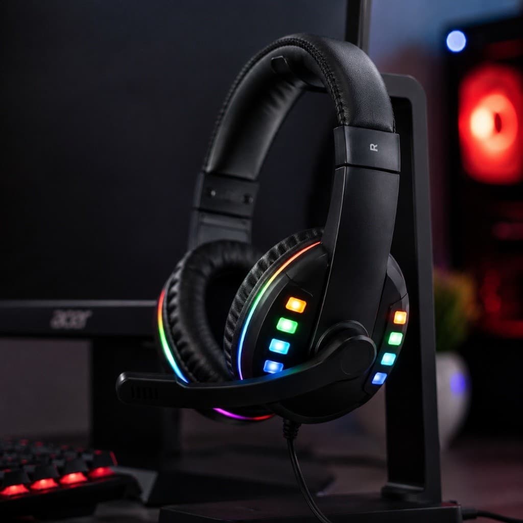 Headset Gamer RGB LED com Microfone USB, Fone de Ouvido Estéreo para PC e Notebook KA-9007