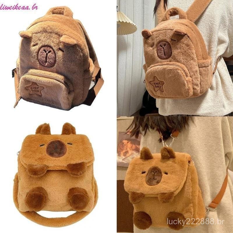 liweikeaa Cartoon Capivara Mochila De Pelúcia Para Viagens Escolares E Uso Casual Bicho Fofo Com Zíper Ombro Crossbo