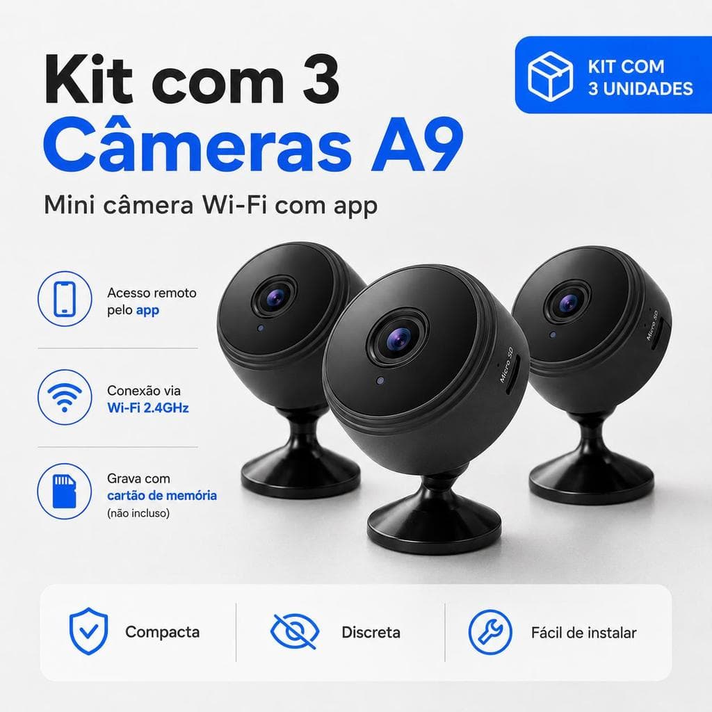 Kit 3 Mini Câmeras A9 Wi-Fi 2.4GHz com App e Acesso Remoto