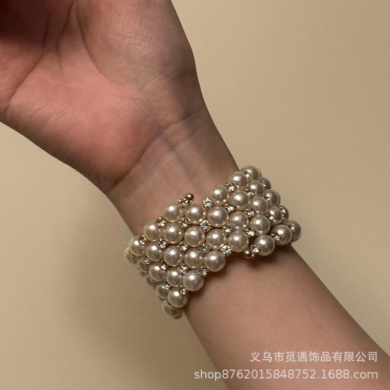 Pulseira vintage de múltiplas camadas com pérolas e zircônias para mulheres, estilo aberto, design retro francês de nich