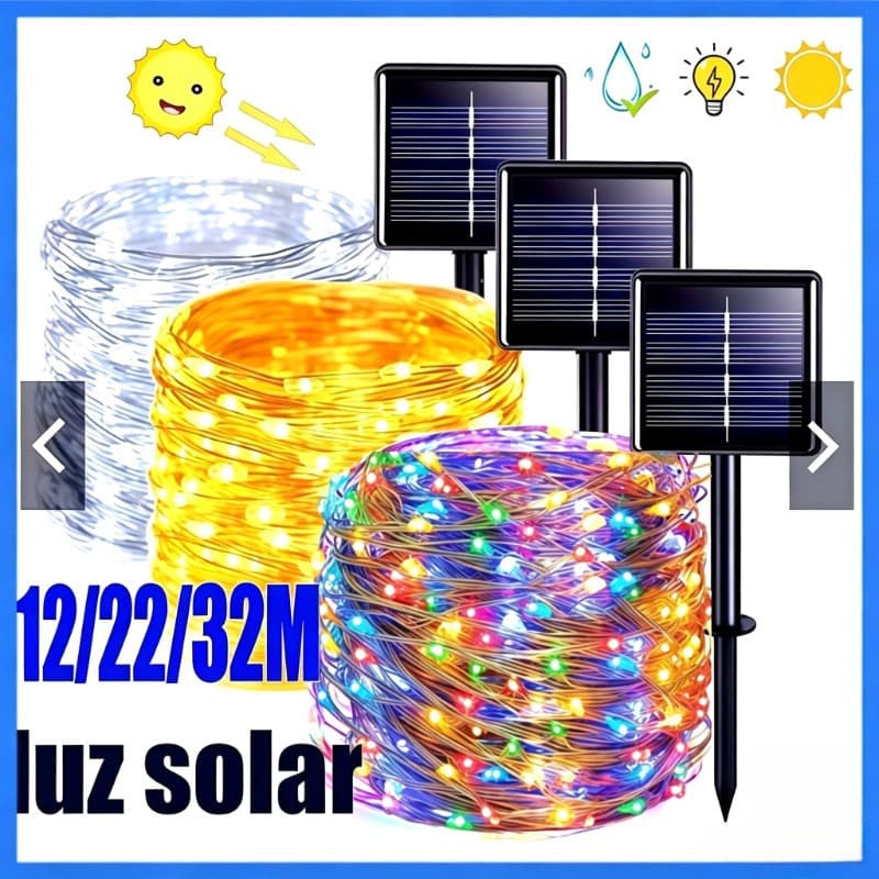 Luzes de Cordão LED Solar 12m/22m/32m à Prova d'Água para Exterior, 8 Modos, Decoração de Natal e Árvores