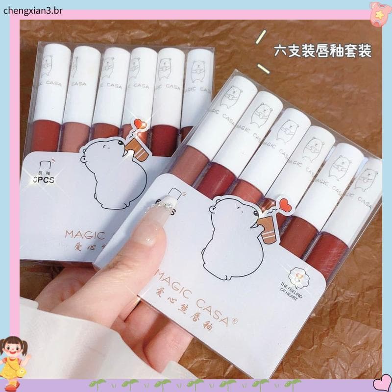 Conjunto de esmalte labial de urso, Super econômico, lama labial, fosco, veludo, copo antiaderente, copo antiaderente, b