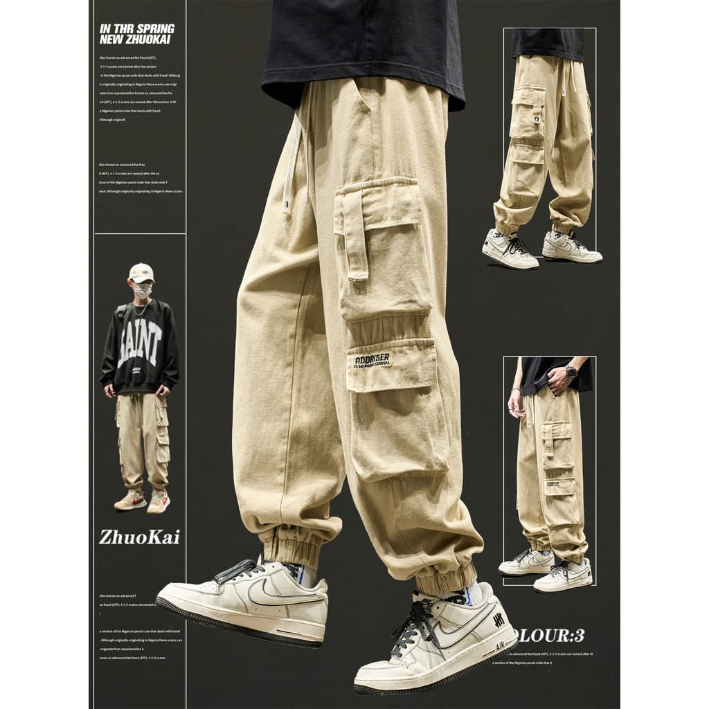 Macacão com vários bolsos masculino primavera outono estilo americano Street Wear calças casuais soltas meninos calças f