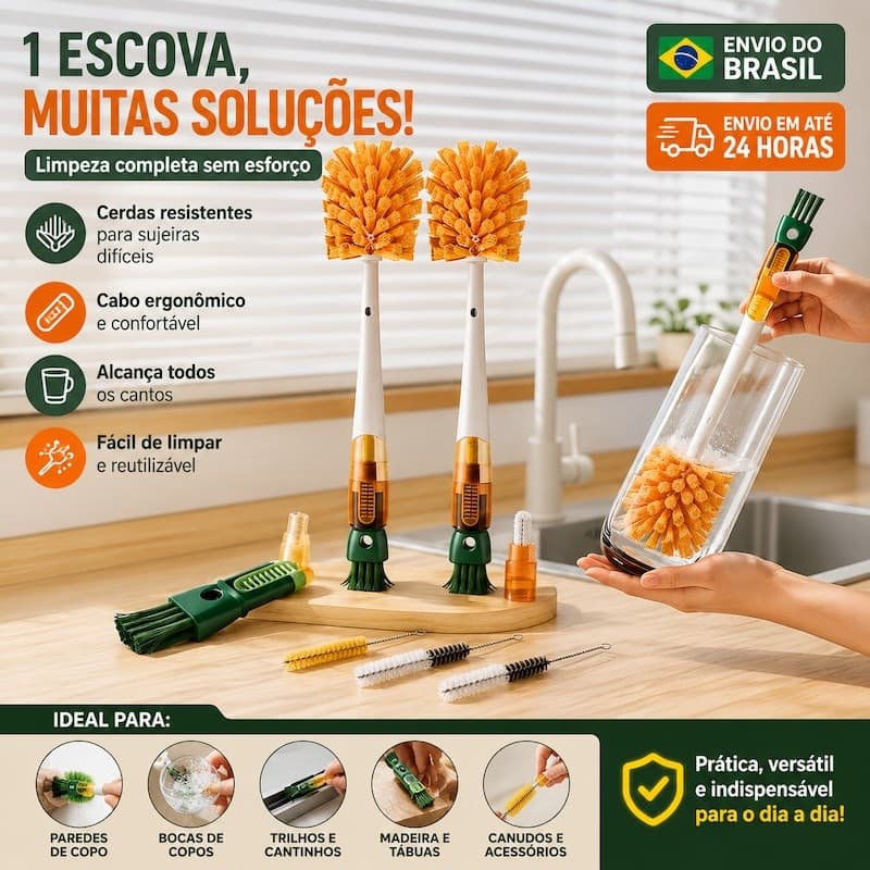Escova 5 em 1 para Garrafas, Copos, Canudos, Tampas e Mamadeiras Limpeza Multiuso