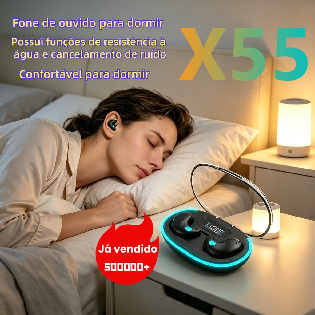 Fone Bluetooth X55 Mini Sem Fio para Dormir e Uso Diário! HIFI Estéreo Cancelamento de Ruído, Longa Autonomia, Leve Conf