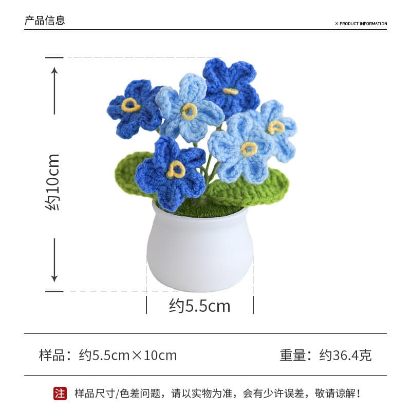 Flor Artificial Artesanal de Miosótis em Vaso Pequeno, Decoração para Casa, Presente Criativo, Flor Tricotada