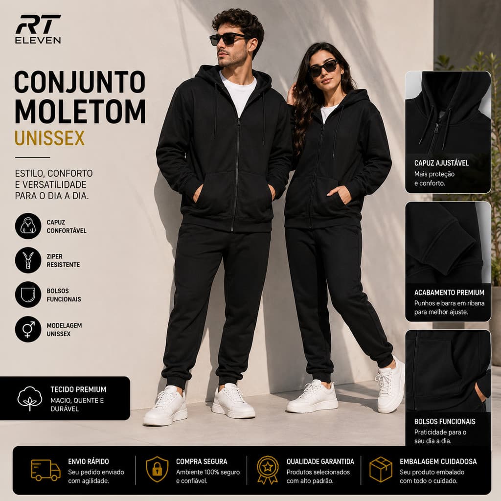 Conjunto De Moletom Com Ziper Jaqueta de Moletom Com Zipper+ Calça de moletom Masculino Feminino Capuz e Bolsos Promoção