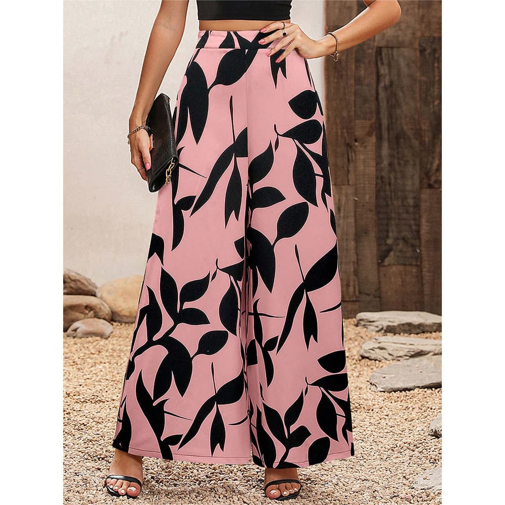 [Estilo mais vendido] Calça Casual de folha giratória temperamento calça alta de perna larga feminina agora [envio rápid
