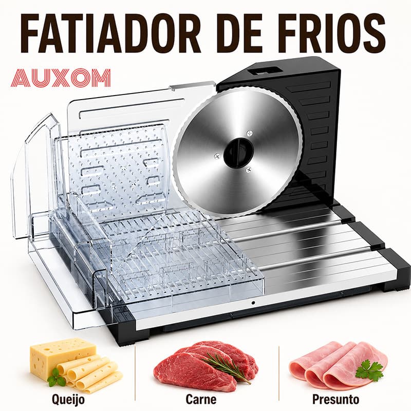 Fatiador de Frios Elétrico Multifuncional de Alimentos para Carne Presunto Queijo Pão Ajustável 0-15mm