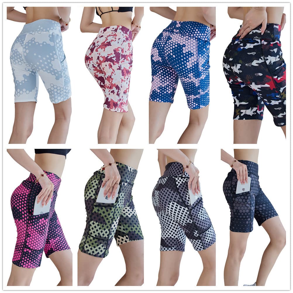 Calças cortadas esportivas de cintura alta favo de mel camuflagem impressão com bolsos calças médias calças de Yoga Shor