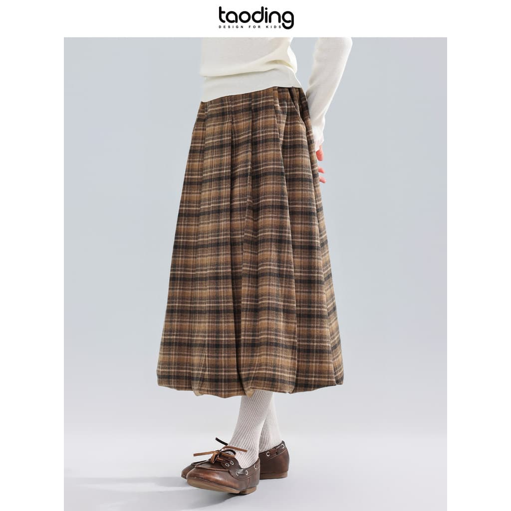 Taoting Saia feminina retrô arte xadrez estilo fino All-Match lã outono comprimento médio saia evasê estilo formal