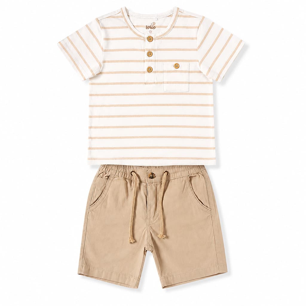 Conjunto Infantil Menino Camiseta Listrada e Bermuda Bege com Cordão Ajustável 2 Peças