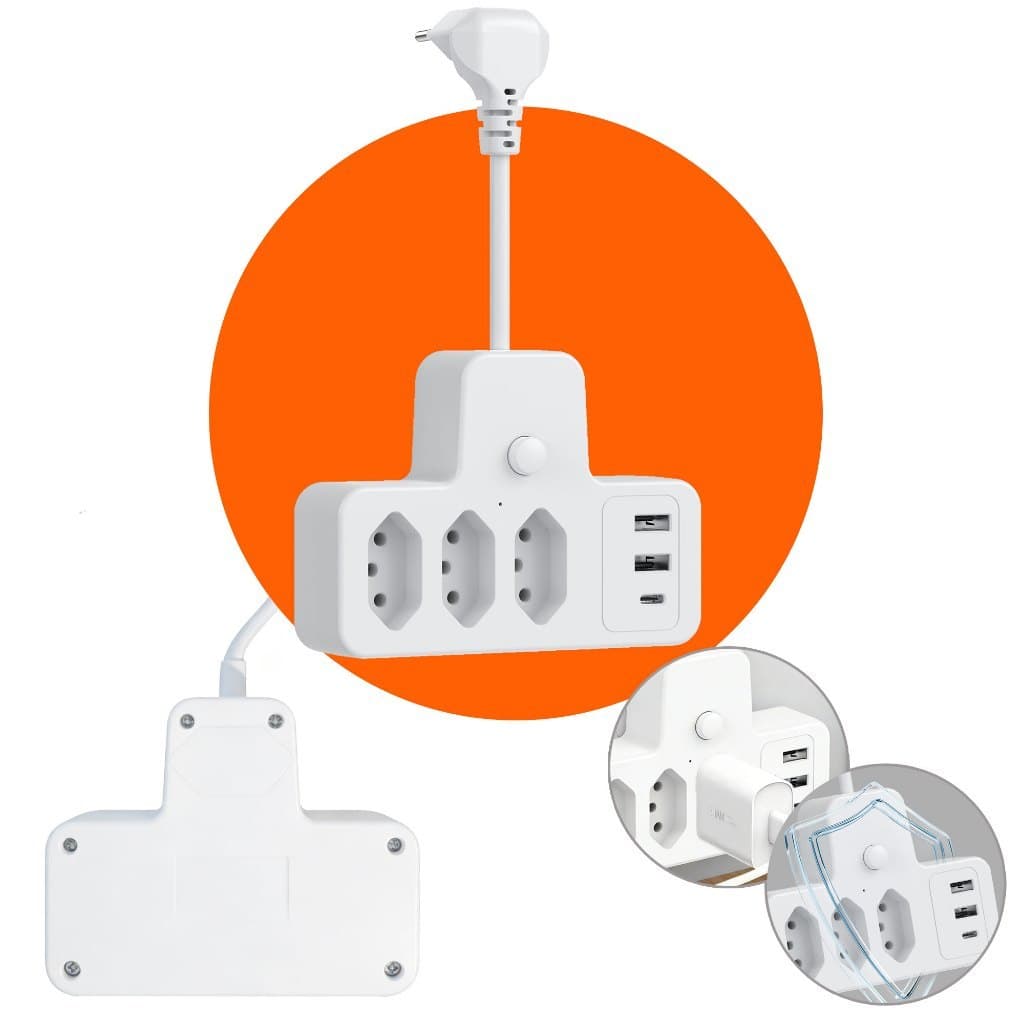 Tomada Filtro De Linha Com Adaptador 3 Tomadas 2 Usb uma entrada tipo C