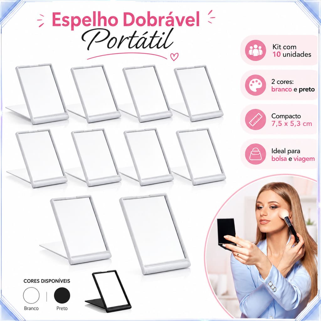 Mini Espelho Bolso Dobrável Vidro Nítido Sem Distorção, Carcaça Plástica Resistente para Necessaire