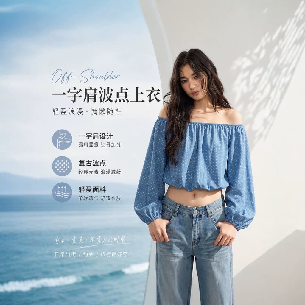 Camiseta feminina de manga comprida com bolinhas de um ombro puro desejo verão luz curta solta mais fina Look azul manga
