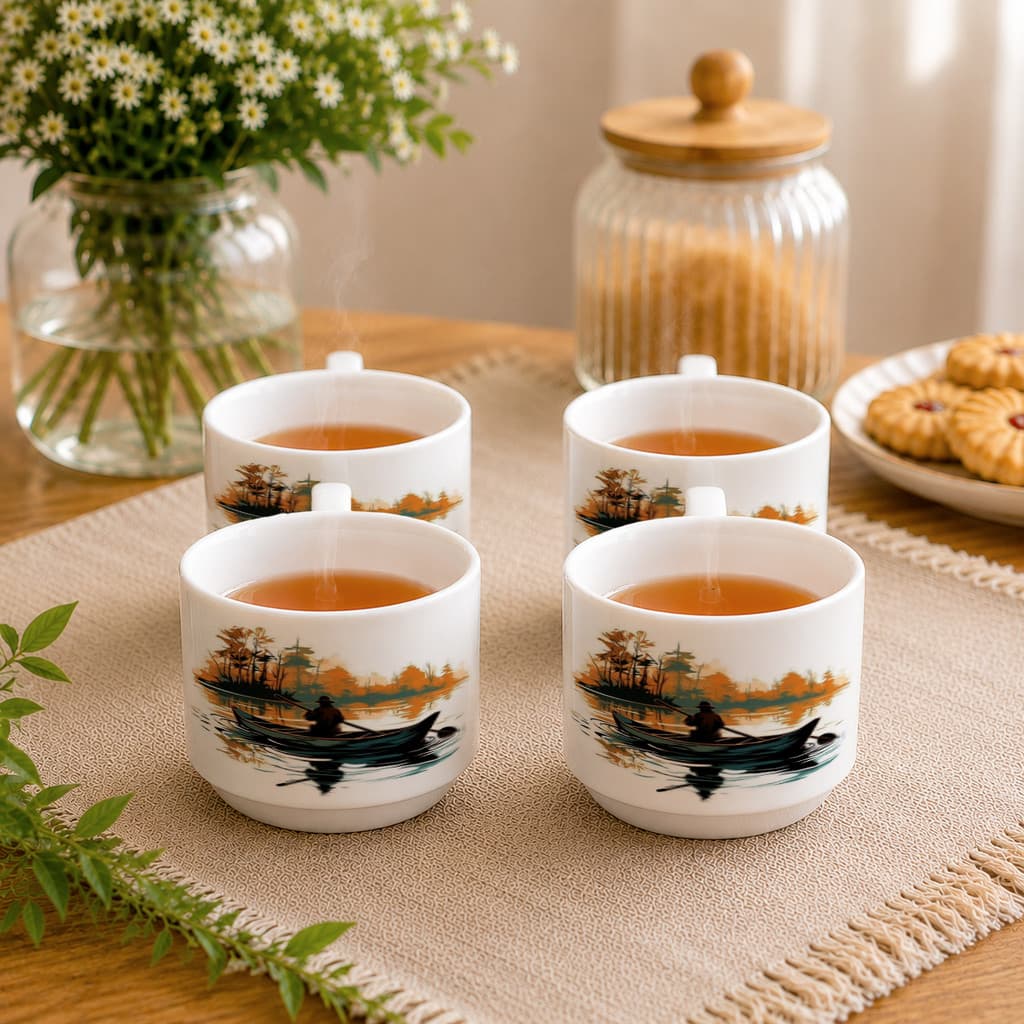 Kit 4 Xícaras Porcelana Pescador Pescaria Pesca Peixe Anzol