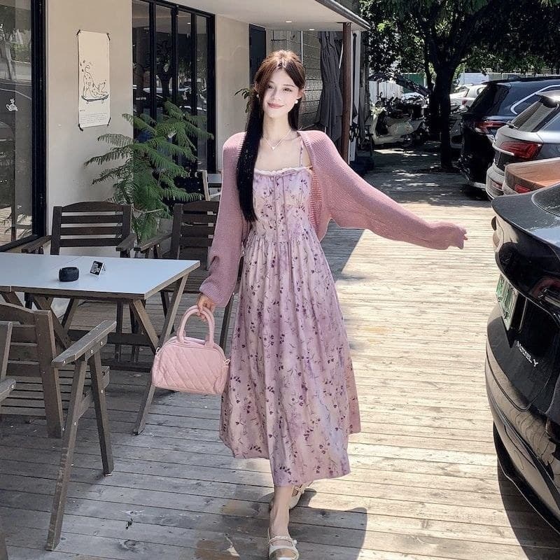 Floral estilingue terno saia feminina outono inverno novo estilo francês malha Cardigan exterior vestido longo saia dois