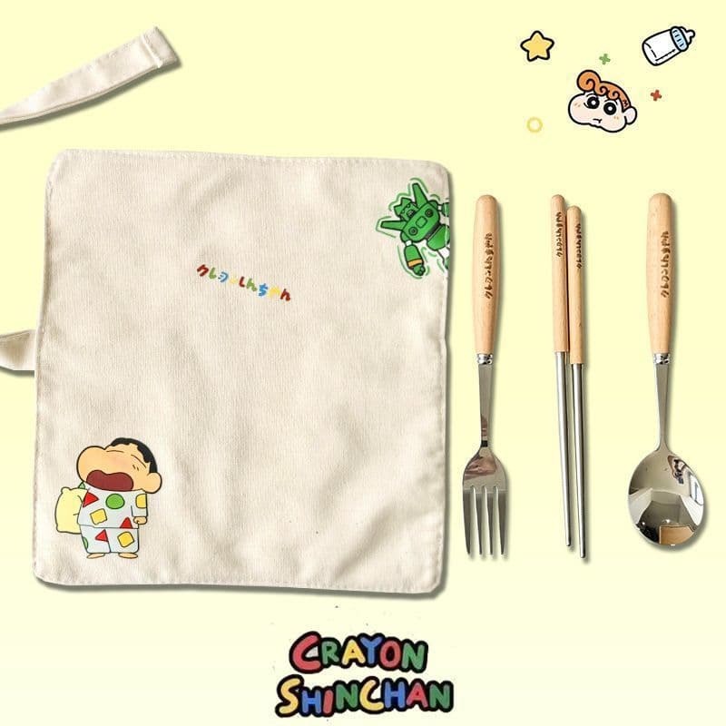 Crayon Shin-Chan Aço Inoxidável 304 Colher Garfo Conjunto de Talheres Portátil Pauzinhos Conjunto de Trabalhador de Escr