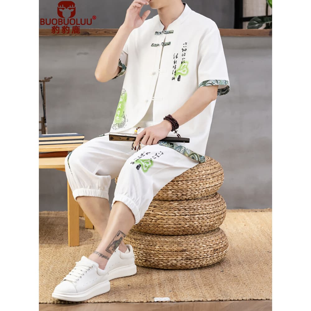 Estilo chinês roupas masculinas verão estilo fino Tang terno Hanfu gelo seda terno masculino de manga curta camiseta alg
