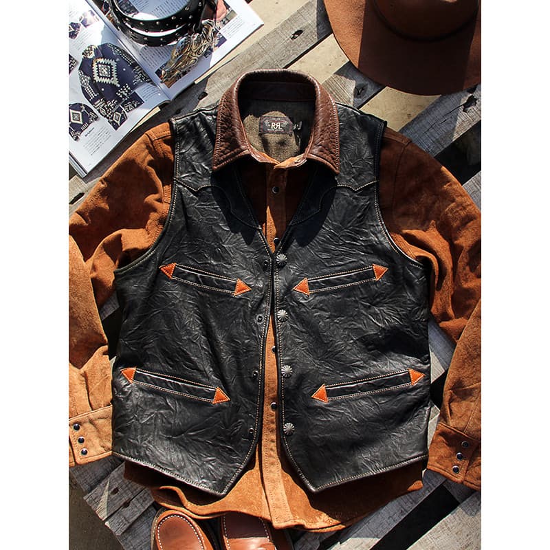 Americano ocidental Retro angustiado colete de couro genuíno masculino com decote em v Casual fino ajuste vegetal curtid