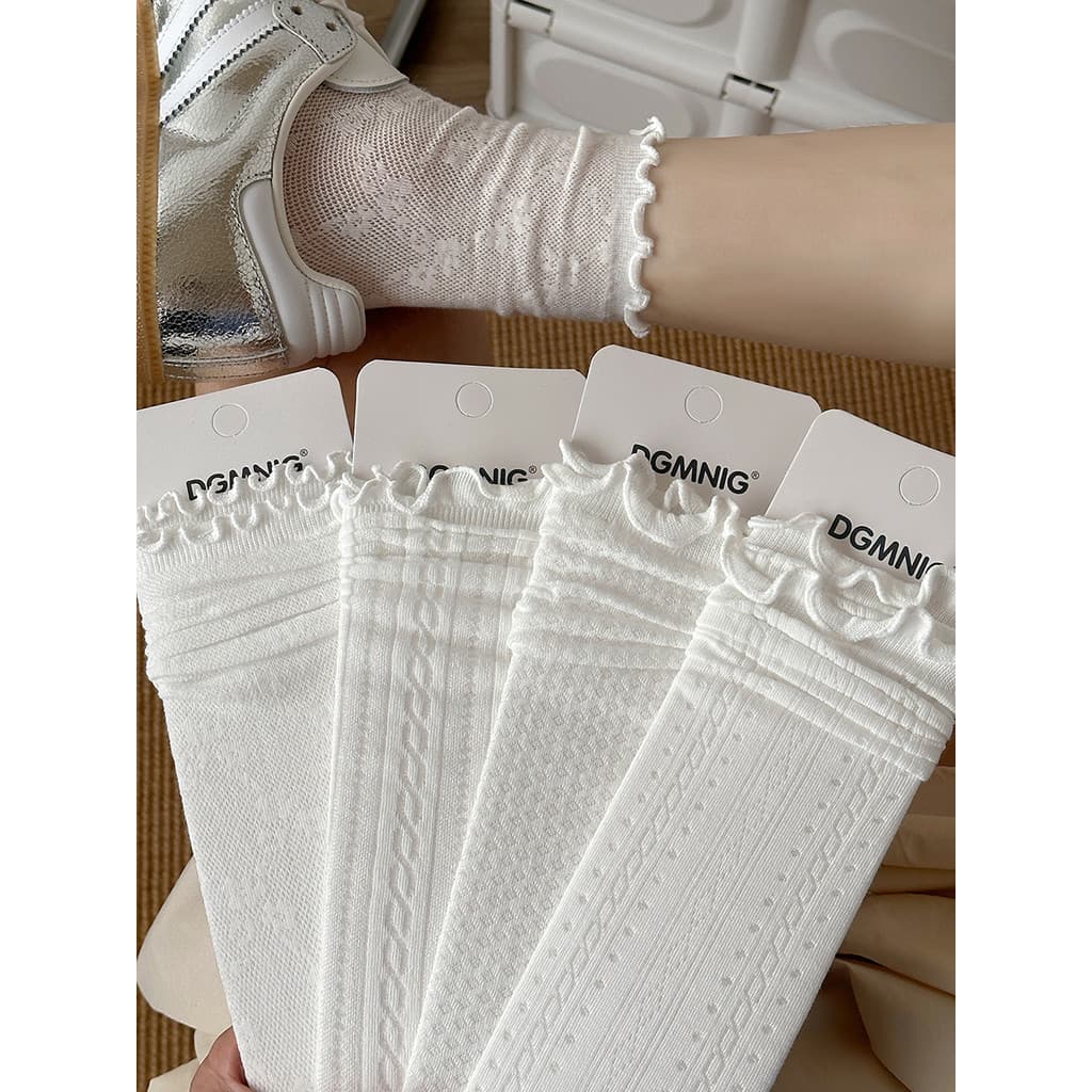 Meias de renda ocas femininas estilo japonês primavera verão meias finas de cano médio branco puro algodão pilha meias f