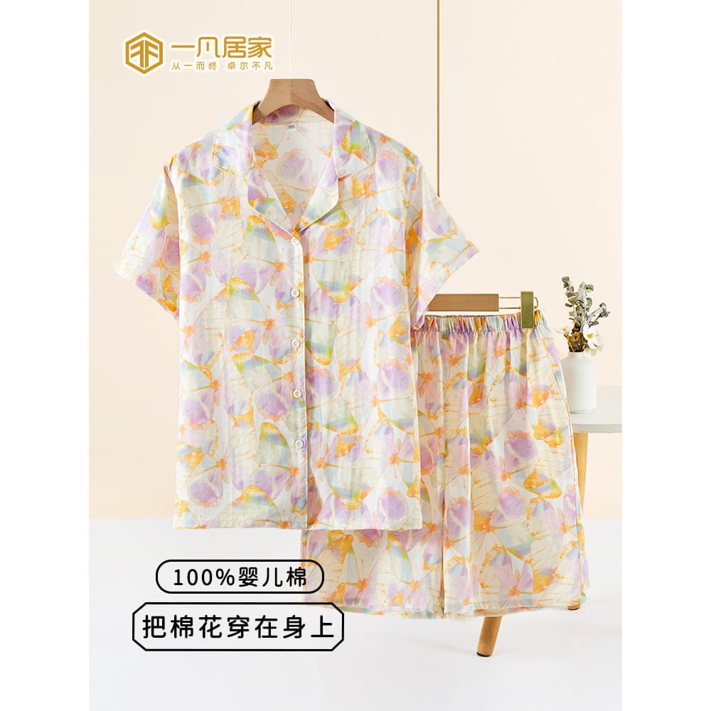 2026 novo estilo pijamas femininos 100% algodão gaze Shorts de manga curta terno dos desenhos animados bonito Homewear p