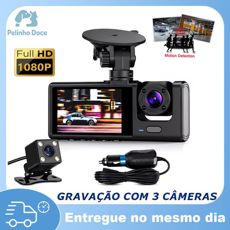 Câmera Veicular Full HD 1080p 3 Lentes DVR Câmeras Segurança para Veículos Frente Interior Traseira câmera direção