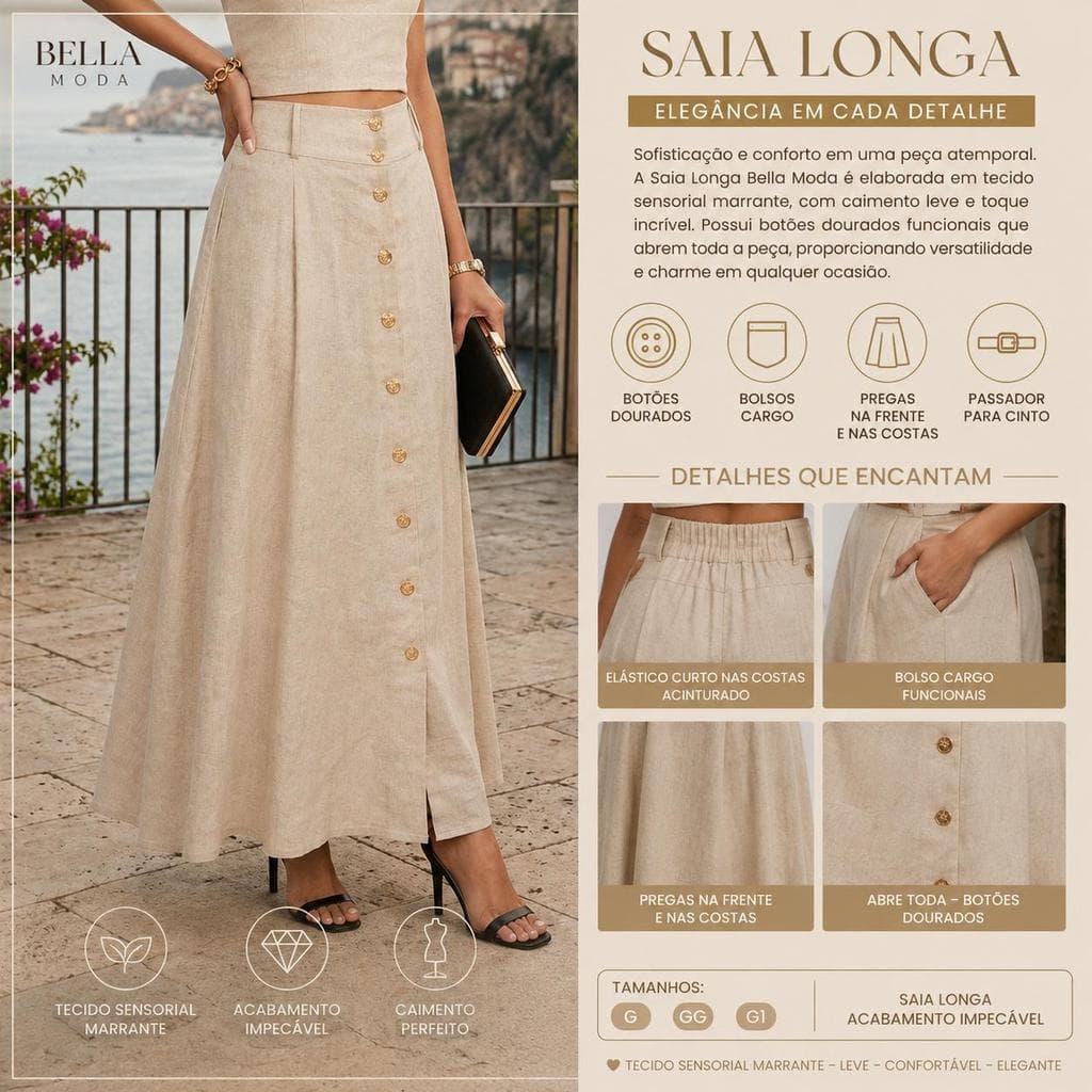 Saia Longa Feminina Acinturada com Botões Dourados, Bolso Cargo e Elástico nas Costas