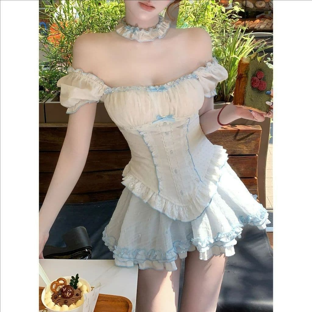 Conjunto De Roupas De Verão Mizhiya – Top Francês Chique E Minissaia Evasê , Combinação Doce Moderna