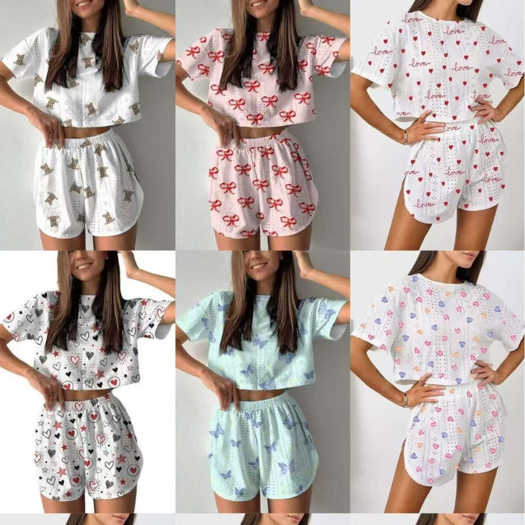 2026 Shorts femininos transfronteiriços de manga curta com estampa Jacquard moda verão pijama de duas peças terno Lounge