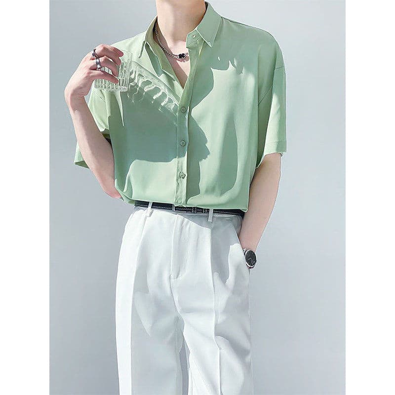 Abstinência estilo gelo seda INS temperamento Retro Drape sentimento não-ferro verde branco camisa das mulheres dos home