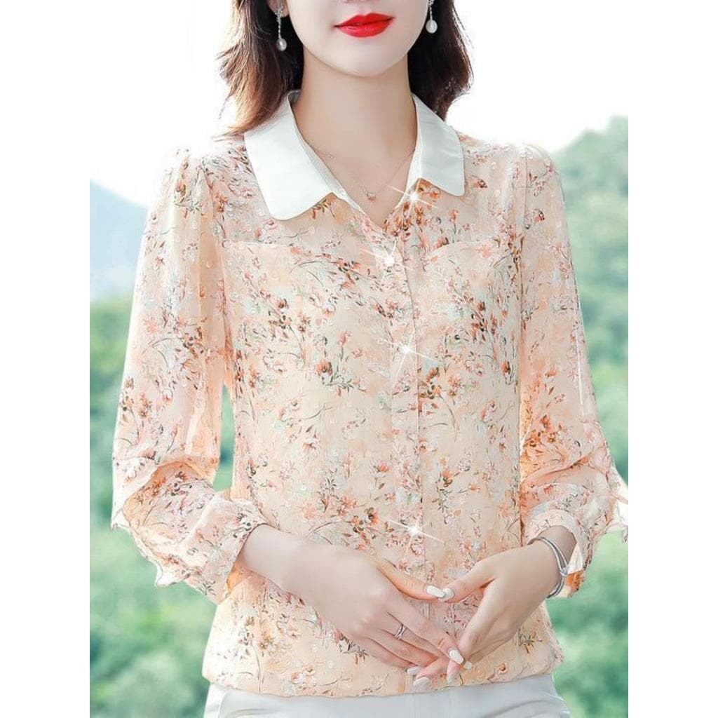 Camisa Floral de Chiffon feminina 2026 primavera verão novo estilo moda Polo pequena camisa All-Match camisa de manga lo