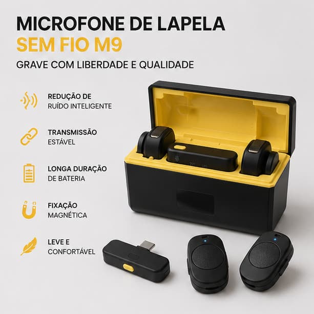 Microfone de Lapela Sem Fio M9 Duplo 2 Microfones com Estojo de Carregamento