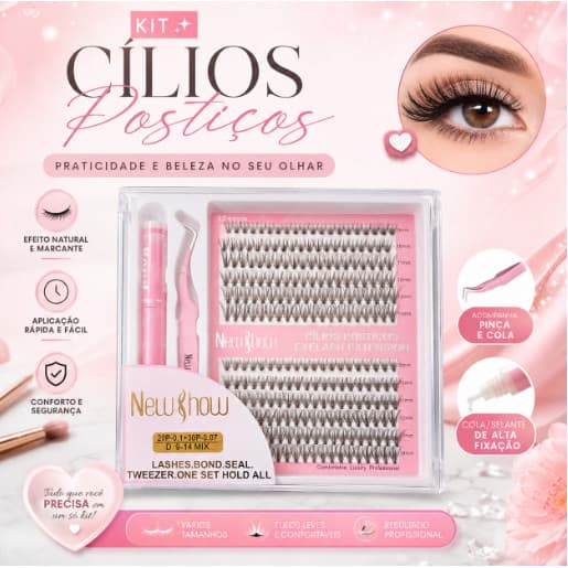 Kit Cílios Postiços New Show Extensão Cola Pinça Olhar Marcante Fios Leves