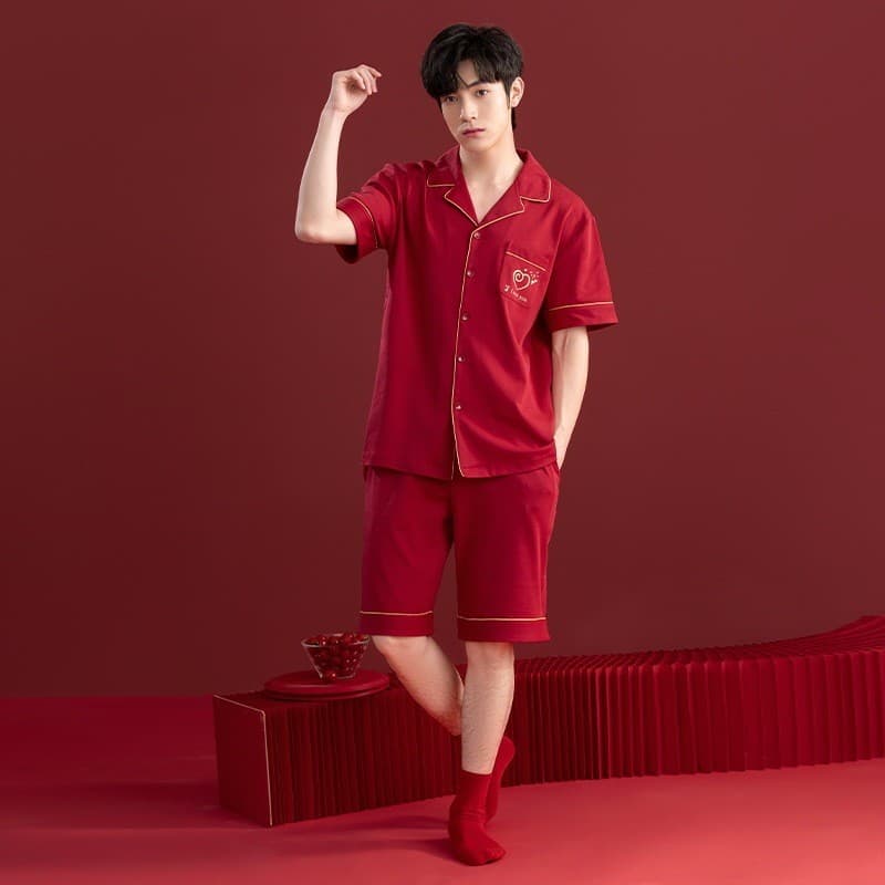 Pijamas masculinos de manga curta Shorts Cardigan lapela puro algodão vermelho festivo Benming ano feminino masculino Ho