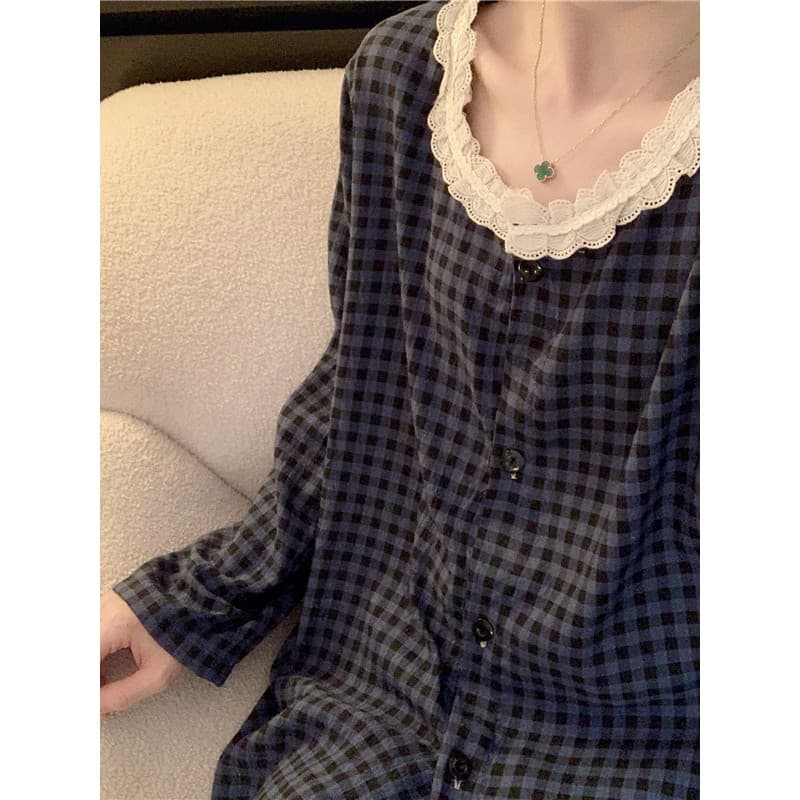 Pijamas de manga comprida feminino nuvem algodão primavera outono estilo xadrez solto tamanho grande gordura mm100kg mai