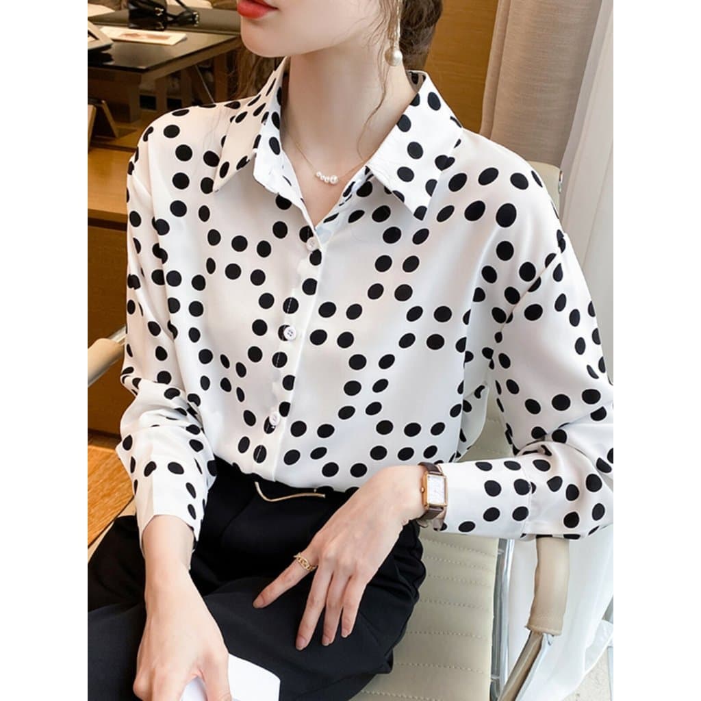 Branco Polka Dot impresso Chiffon topo feminino camisa de manga comprida primavera outono inverno 2025 novo estilo moda