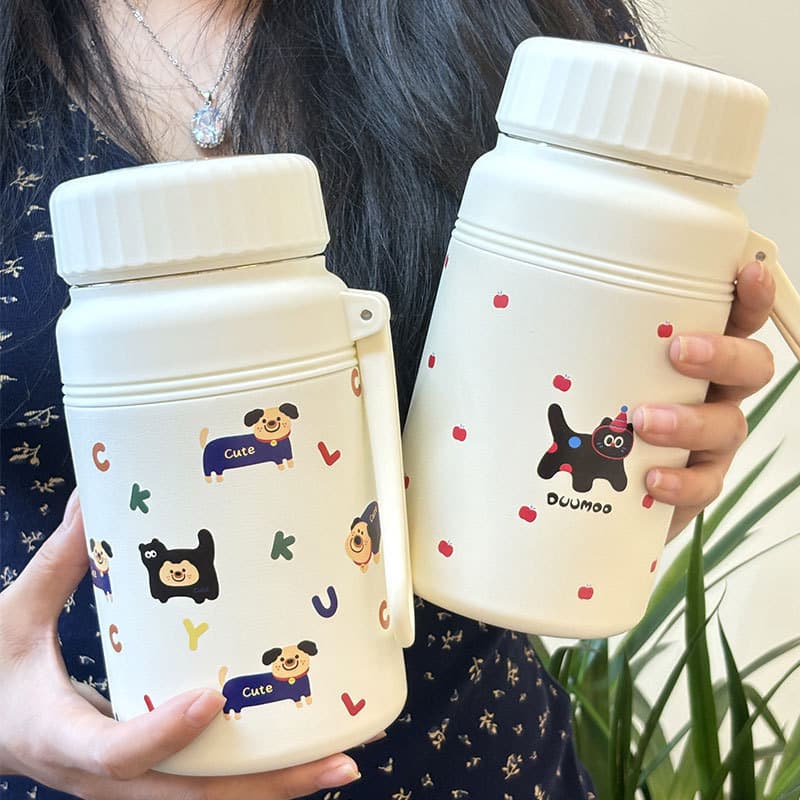 Copo térmico de casal de desenhos animados, copo térmico de aço inoxidável de alto valor com separação de chá, presente