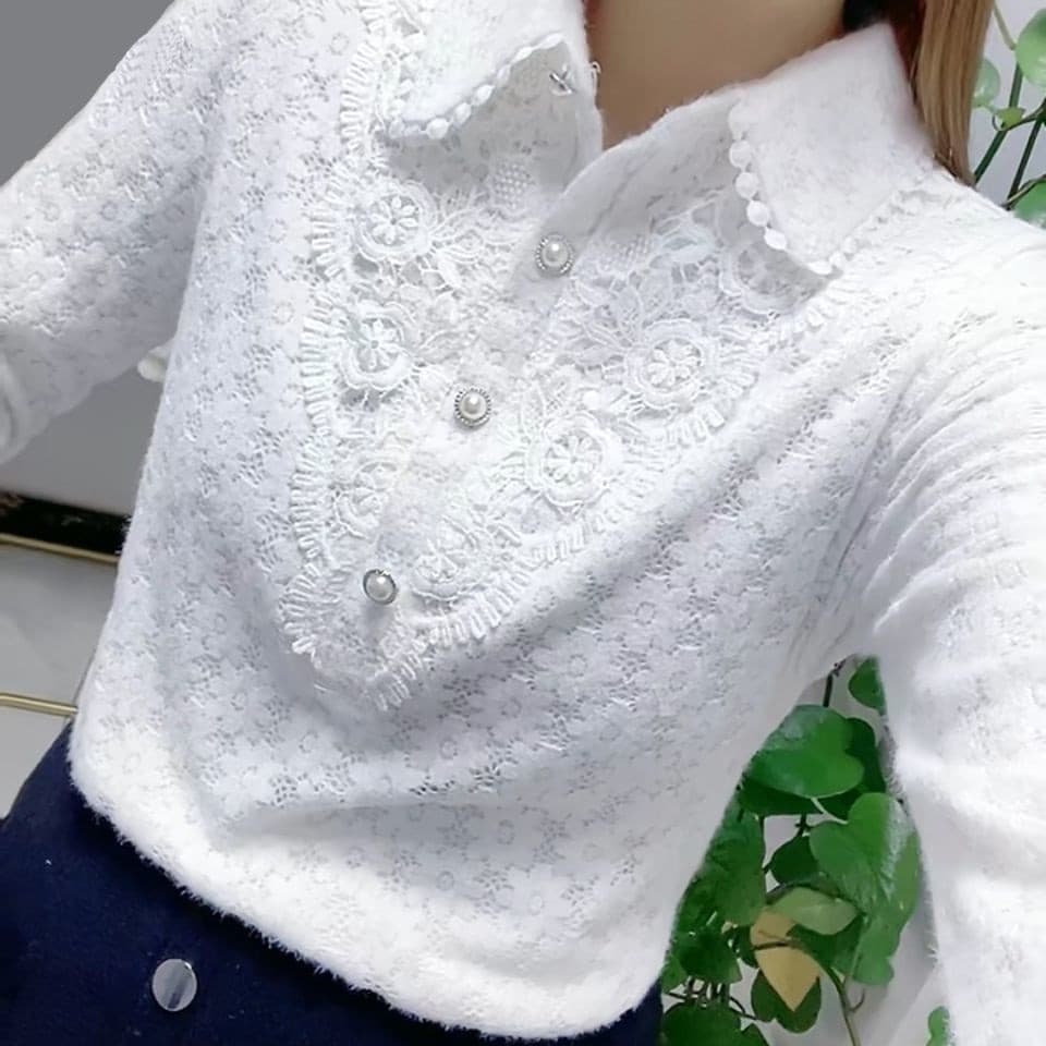 Camisa feminina elegante de jacquard vazado, branca, de manga comprida, gola alta, solta, casual, para primavera e outon