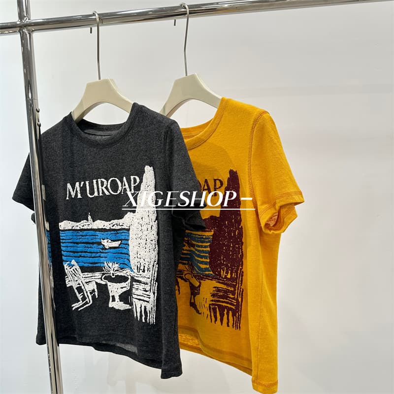 Estilo americano angustiado padrão carta impressa camiseta de manga curta feminina verão mais magro olhar estilo curto o