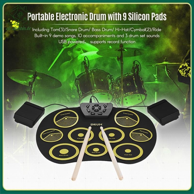 Conjunto De Bateria Eletrônica 9 Almofadas Tambor De Rolo Manual Com Pedais De Baquetas Para Suporte De Jogos