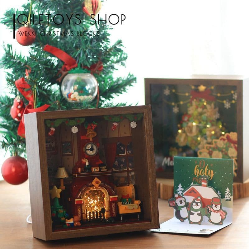 [Presentes de Natal] Até o inverno quente Lareira Árvore de Natal Blocos de construção Janela Moldura para fotos Pintura