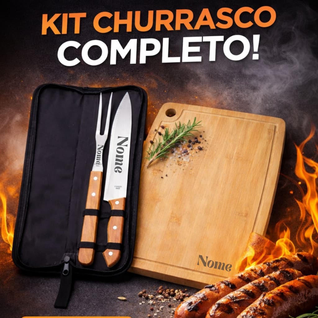 Kit Churrasco Personalizado Estojo Faca Garfo Tábua Nome Logo Frases Brinde Presente Namorado Pai Utilidades Lembrança