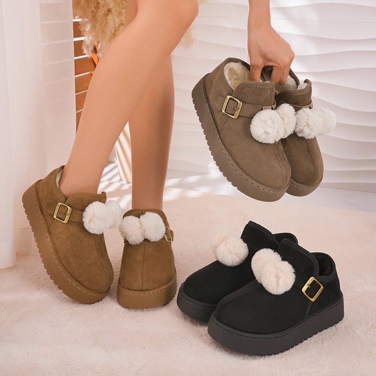 Senhoras de salto grosso inverno sapatos de sola grossa imitação camurça fivela de Metal bola de pele decoração forro de
