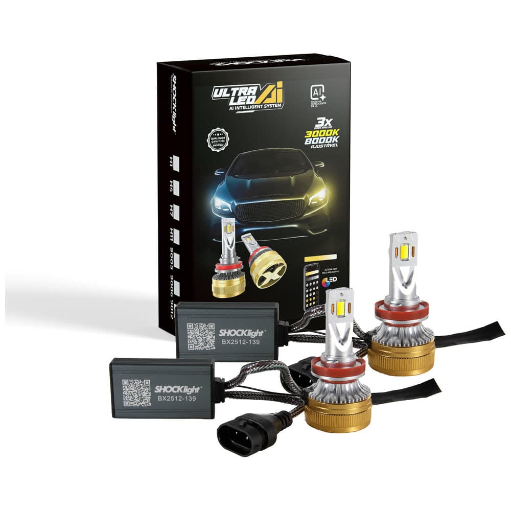 Kit par lampada ultra led AI shocklight h8/h11/h16-2  5000lm 52 a 75w com aplicativo e sistema inteligente
