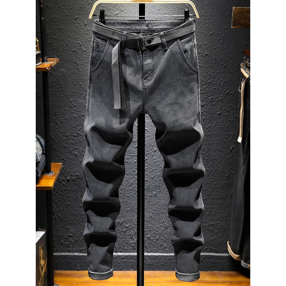 2026 novo estilo High-End calças de brim masculinas fumaça cinza diagonal bolso diagonal calças masculinas primavera out