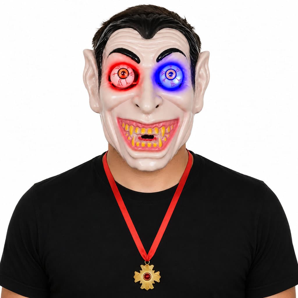 Kit Máscara Vampiro LED Olhos Saltados com Mola + Medalhão Adulto Halloween Unissex