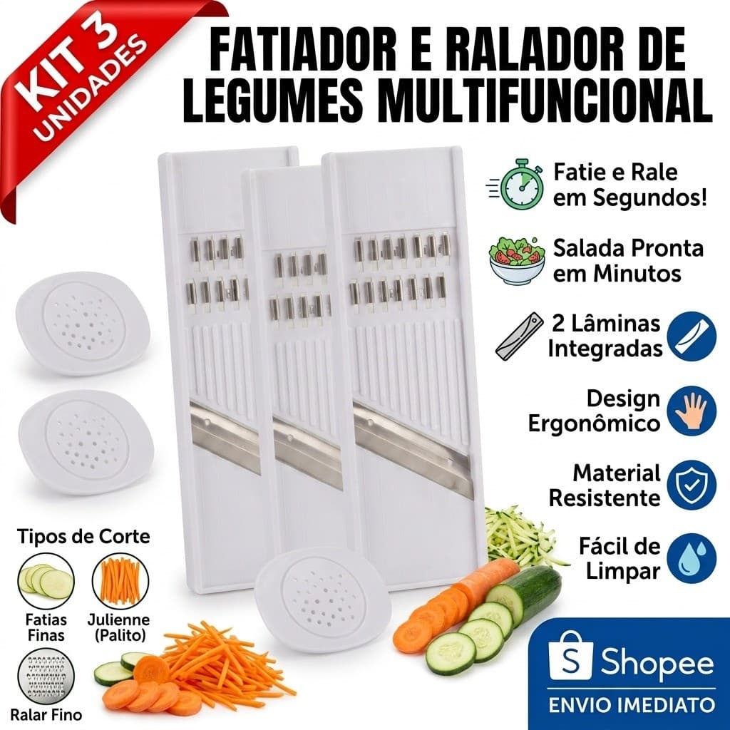 Kit 03 Fatiador Maxx Original Legumes Verduras Ralador Fatias Finas Aço Inox Prático