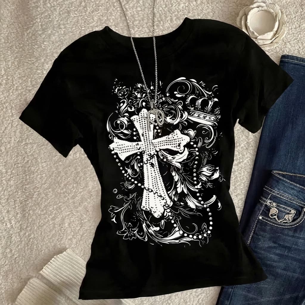 Blusa Cropped Cruz Dark Goth Y2k Algodão Aesthetic Algodão