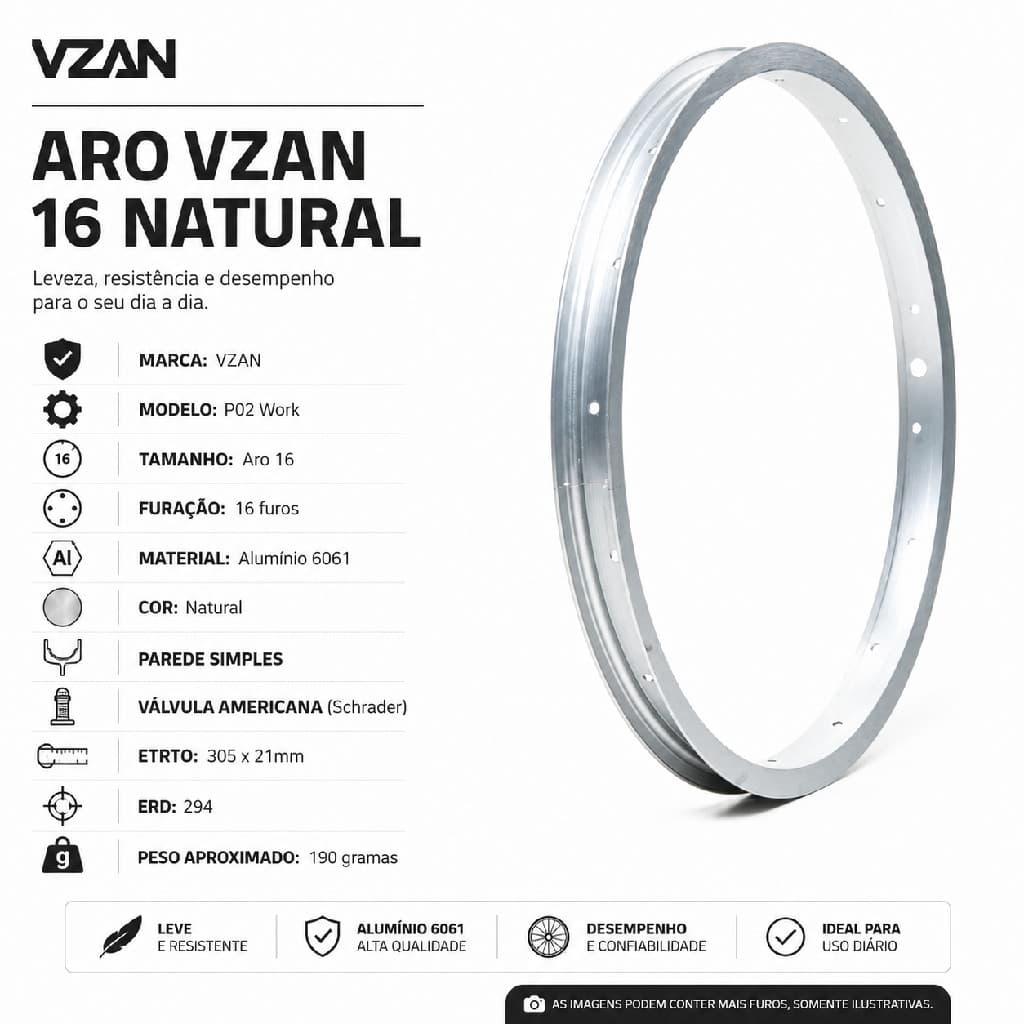 Aro Folha 16 x 1.75 Aluminio Natural Vzan Infantil 16 Furos Bicicleta Infantil Bike Resistente